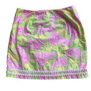Lilly Pulitzer Pink Green Lounging Lions Floral Print Cotton Mini Skirt Size 8